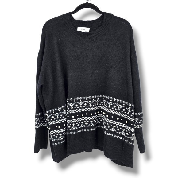 CeCe Sweaters - New CeCe Womens 2X Black Fair Isle Pearl Embellished Long Sleeve Knit Sweater‎